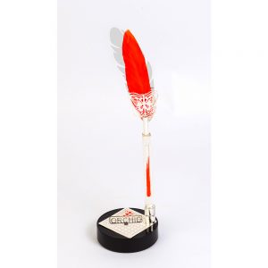 Orchid Metal Feather Art Quill Pen with pen holder Gift Set With Butterfly neck and Orange Feather  Silver