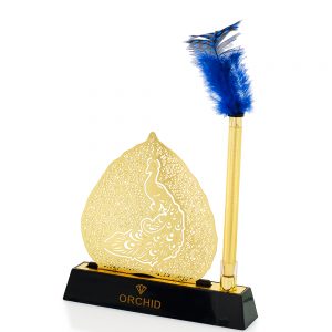 Orchid Brass Motif Stand With Feather Quill Ball Pen Gift Set