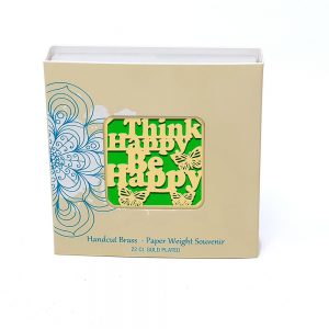 Orchid Think Happy Be Happy  Paper Weight in a Square Shape With Green Base
